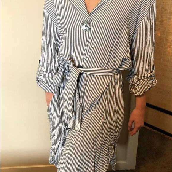 Blue and White Striped Seersucker Shirt Dress - Picture 4 of 5